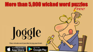 Man with pencil scratching head over Joggle Word Game Puzzle for iOS and Android